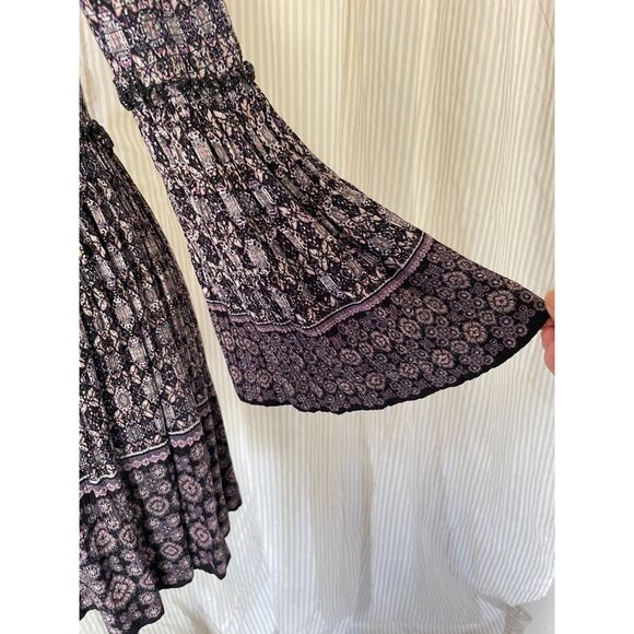 Womens Boho Mini Dress Small Black Purple Floral High Neck Long Sleeve Rayon - Picture 6 of 8